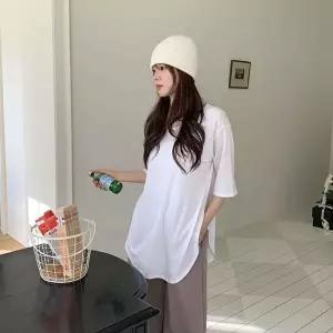 [옷자락]여자 무지 오버핏 5부 브이넥 루즈 반팔 티셔츠