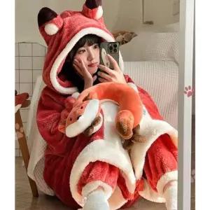 레드여우 잠옷 여자 후드 벨벳 겨울 두꺼운 가운 가을 동물잠옷