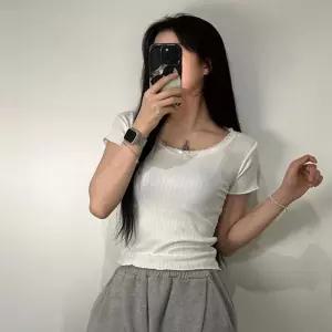 레이스 넥 리본 포인트 골지 티셔츠 반팔 얇은 티 레이스티 여성 빈티지 물결 U넥 여