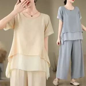 은창]레이어드 프릴 모던 상하의 바지 세트 라운드넥 블라우스 투피스 상하의 셋업 세트 여름 반바지 반팔