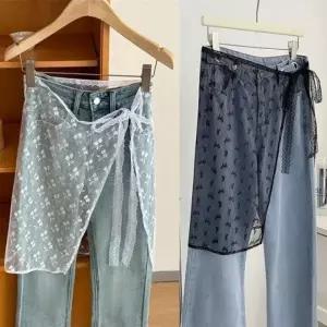 레이스 레이어드 플라워 청바지 스커트 레이 원피스 청 앞치마 바지 플라워 앞스티커 자수 스