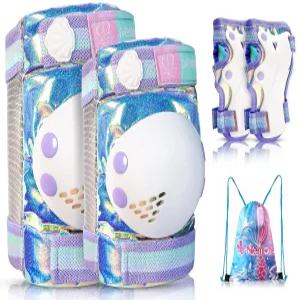 용 네모네 인어 무릎 패드 여아용 팔꿈치 드로스트링 백이 있는 손목 보호대 롤러 스케이트 자전거