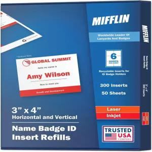 미플린미국 이름 배지 삽입물 3 x4 또는 4 x3 삽입물300장의 카드스톡 리필 50장의 시트 잉크젯 프린터 및