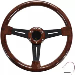 NTING 14인치 클래식 우드 그레인 스티어링 휠 리벳 라이트 그립 유니버설 자동차 슬롯 3개 경적 버튼 포함