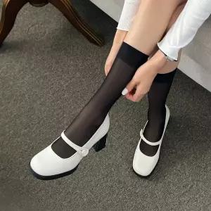 SOVO 이베르 세미스퀘어 메리제인 스트랩 발편한 미들통굽 펌프스 여성구두 6cm