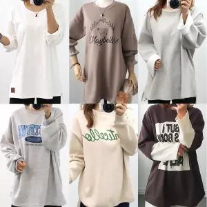 여성 롱티 기모 빅사이즈 나그랑 여자 박스 홈웨어 편한 겨울 편한 미시 데일리 40대 스트라이프 무지 레터링 프린팅 오버핏 레이어드 루즈핏 브이넥 라운드 면티 긴팔 티 티셔츠