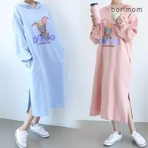 [보리보리/보리맘]덤보 후드 단추 수유복 긴팔 수유 원피스 임부복 TA049