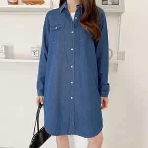 [하프클럽/]루즈핏 편안한 포켓 여성 데님 롱셔츠