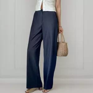 여성 여름 쿨 데님 팬츠 숨겨진 밴딩 와이드핏 직장용 바지