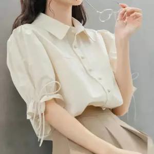 여성 퍼프 소매 스트링 카라 블라우스 반팔 러블리 디자인