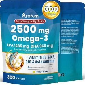 비타민 D3 K2가 함유된 아로퓸 오메가 3 피쉬 오일 300 레몬 맛 버플리스 소프트젤 | 심장, 뇌, 눈 및 면역 을 지원하는 보충제 텐 프리, 비-GMO