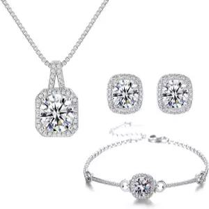 여성용 Hadskiss 실버 큐빅 지르코니아 귀걸이 및 펜던트 목걸이 링크 팔찌 세트 14K 화이트 골드 도금