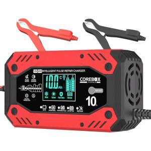 자동차용 배터리 충전기 10암페어 12V/24V 스마트 트리클 - 유지보수 및 자동차 트럭 모터사이클 잔디깎이용 온도 보정 기능이 있는