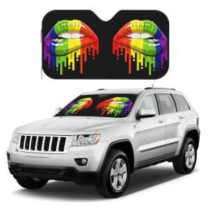 QICITY 레인보우 LGBT 프라이드 립 자동차 SUV 트럭 접이식 자외선 반사기 전면 창문 햇빛 가리개, 중간, 흰색