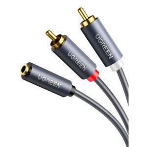 UGREEN 3.5mm 여성에서 2 RCA 남성 케이블 골드 도금 스테레오 RCA 보조 오디오 어댑터 유연한 금속 쉘 Y 스플리터 보조 코드 iPod MP3 DVD DJ 컨트롤러 믹서 스피커 3FT 호환
