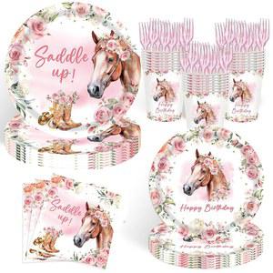 조이하피스타 120PCS 소녀용 말 생일 접시 웨스턴 카우걸 저녁 식사 및 디저트 컵 냅킨 포크 식기 파티 용품 세트 24명 손님 제공