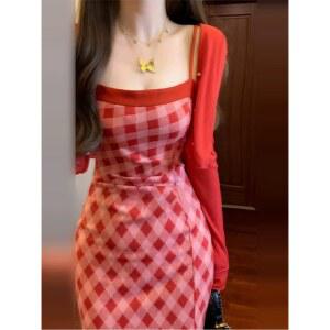 체크원피스 스퀘어 레드 슬림핏 여름 스퀘어넥 가디건