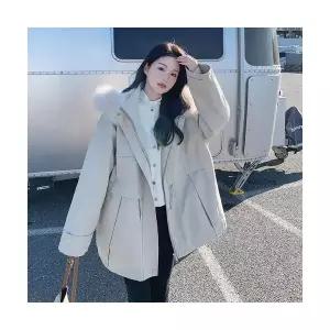 여성용 야구 점퍼 베이지 바람막이 롱 빅 퍼 칼라 겨울 후드 코트 CH4