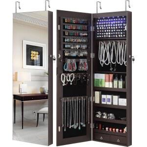 GISSAR 전체 길이 거울 주얼리 캐비닛, 문 위에 설치된 6개의 LED 아모아르 벽, 조명 잠금 장치가 있는 정리함, 브라운, 14.6인치 x 47.2인치