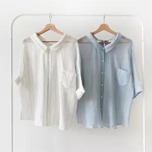 여성 여름 스트라이프 포켓 시스루 롤업 반팔셔츠