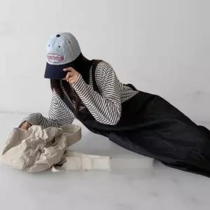 여성 키치무드 루즈핏 사각패치 멜빵 청 롱 드레스