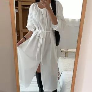 여자 셔링 라운드넥 롱셔츠 리본 스트랩 양면 롱원피스