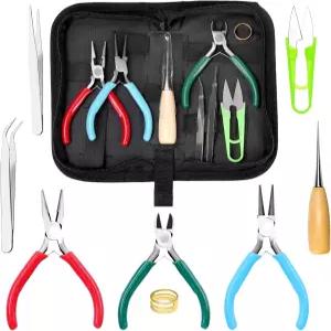Swpeet 9Pcs 4.5인치 주얼리 제작 키트 3종 플라이어 니들 노즈 원형 와이어 커터 송곳 핀셋 골무 링 가위