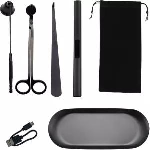 SYWAN 5Pc 스테인리스 스틸 캔들 윅 트리머 세트 블랙 디퍼 스너퍼 및 애호가용 USB 충전식 라이터(블랙)