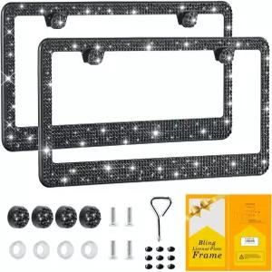 FIISFIIS 여성용 블링 번호판 프레임 2팩 프리미엄 스테인리스 라인스톤 홀더 핸드메이드 글리터 크리스탈