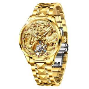 남성 자동 시계 골격 럭셔리 골드 드레스 기계식 셀프 와인딩 사파이어 크리스탈 텅스텐 스틸 밴드 남성용 손목시계