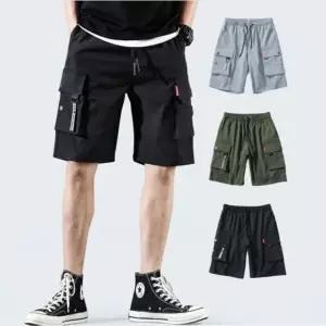 남자 카고바지 허리 밴딩 아웃도어 밀리터리 포켓 시원한 여름 반바지 (WFJ5X9I)