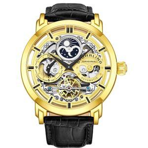 스터링 남성 자동 자풍 럭셔리 드레스 스켈레톤 듀얼 타임 골드 톤 손목시계 22 보석 47mm 스테인리스 스틸 케이스 장식 노출 뒷면 보충 순정 가죽 스트랩
