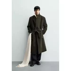 145682 자라 ZARA 더블 브레스트 울 코트 (벨트 포함) - 다크 카키