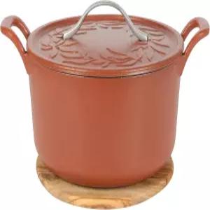 블룸하우스 7 Qt 주철 더치 오븐 W /엠보싱 뚜껑 유러피언 에나멜 올리브 우드 트리벳 - 매트 테라코타