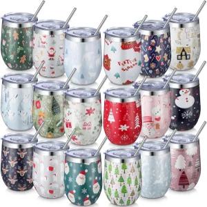 Sliner 18개 크리스마스 와인 텀블러 세트 12온스 단열 스테인리스 스틸 커피 여행용 머그컵 벌크 빨대
