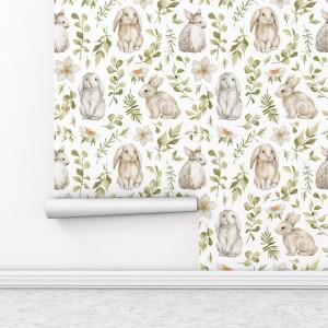파니식 토끼 벽지 어린이 방 보육 벽 장식 아기 소녀 수채화 녹색 잎 꽃