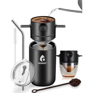 커피 메이커 머신 커피 컵 필터 머그잔 위에 붓기, 드리퍼 커피 병 위에 붓기, 홈 오피스, 여행, 캠핑을 위한 빨대 청소 브러시 및 스푼 포함 GOSOIT 휴대용 붓기, 20온스