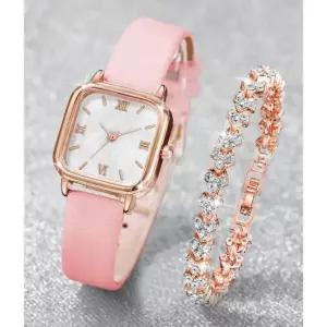 여성 스퀘어 미니멀리스트 Roman Numeral 다이얼 쿼츠 시계 [세금포함] [정품]  손목 Set (2pcs) 패션시계