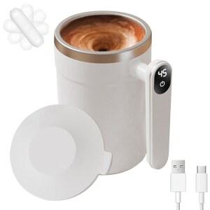 [미국배송] 뚜껑이 있는 충전식 셀프 교반 머그컵 자석 커피 자동 마그네틱 믹싱 컵 커피 우유 차용 전기 13.5온스 흰색