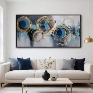 거실 파란색 추상 벽아트 - 침실 대형 현대 캔버스 그림 벽장식 아트워크 금색 원형 루프 유화 프린트 액자