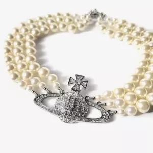 미국 비비안 웨스트우드 세 줄 트리플 레이어 진주 실버 목걸이 초커 386996903911