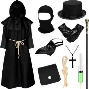 툴라이트 11피스 성인 남성용 페스트 닥터 코스튬 여성 무서운 스팀펑크 할로윈 코스프레 의상 액세서리