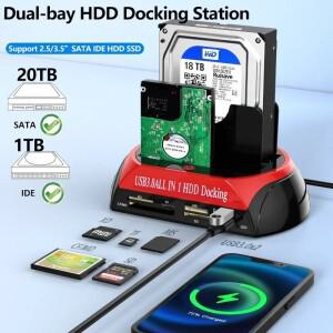 10 IN 1 듀얼 베이 하드 드라이브 스테이션 2.5/3.5인치 HDD/SSD TF 카드용 12V 전원 어댑터 SATA IDE HDD