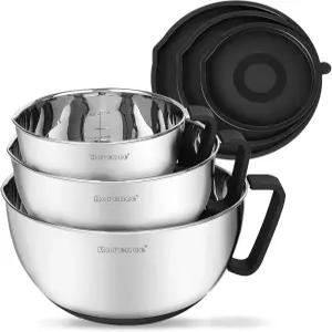 로렌스 스테인리스 스틸 논슬립 믹싱 볼 부은 주둥이 손잡이 및 뚜껑 3개 세트 검은색