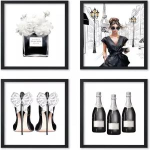 포스터 마스터 4피스 패션 프린트 - 블랙 디자이너 향수 하이힐 아트 그녀와 패셔니스타를 위한 시크한