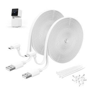 Itramax WYZE 캠 팬 V3 전원 케이블 3m(10피트) 2팩, 마이크로 USB 연장 코드 90도 충전기 어댑터 L자형 롱 플랫 충전, Pan 야외 카메라 데이터 전송 지원, 화이트 48.6cm(20인치), 7.6m(25피트)