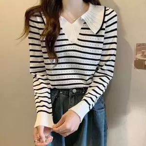 여성 스트라이프 스타일 통기성 좋은 니트 티셔츠겨울목폴라 아져기모맨투맨 겨울 여자 크롭 여자니 겨울니