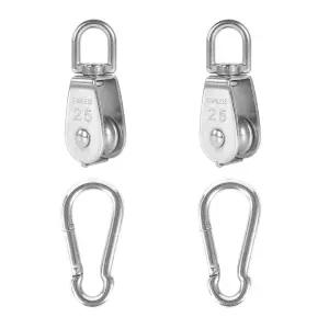 2Pcs 304 스테인리스 스틸 M25 싱글 풀리 블록 와이어 로프 걸이 견인 휠 스프링 스냅 후크 포함