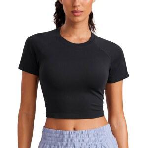 CRZ 요가 심리스 크롭 운동 상의 여성용 - 러닝 짐 반팔 셔츠 베이직