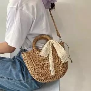 왕골 라탄 토트백 탈부착 리본 장식 여름 패션가방 WEC9097